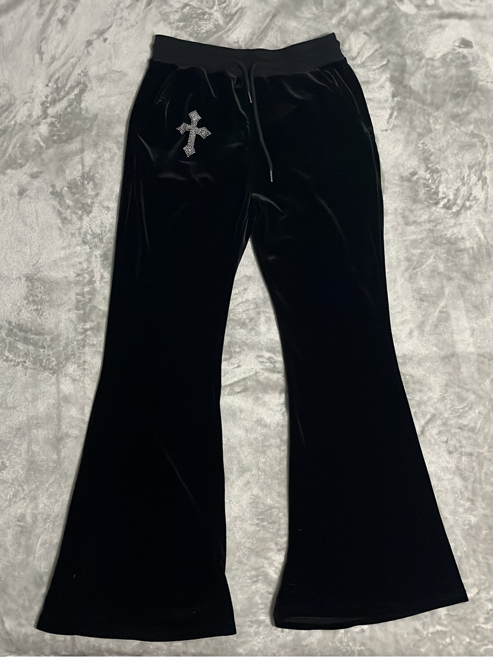 ROMWE Womens M Black Velvet Rhinestone Cross Flare Leg Sweatpants Y2K Gothic